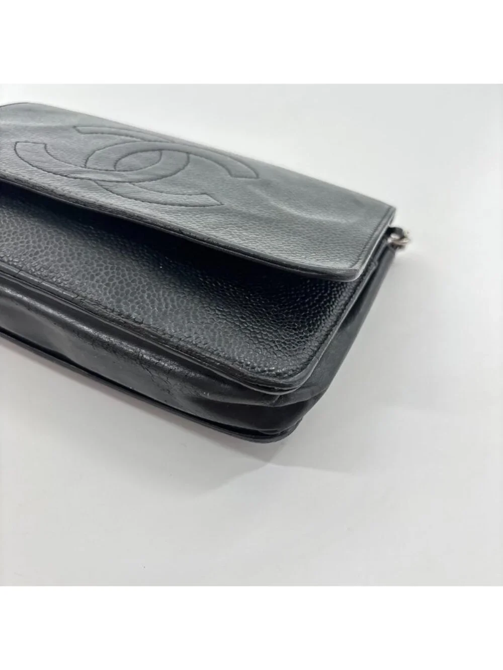 Chanel Super Caviar Leather Chain Wallet Black CC Logo Shoulder